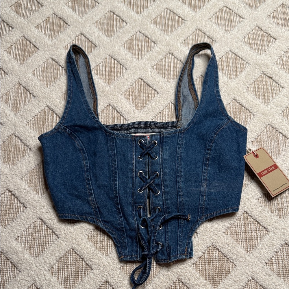 Trendy Blue Lace-Up Denim Crop Top